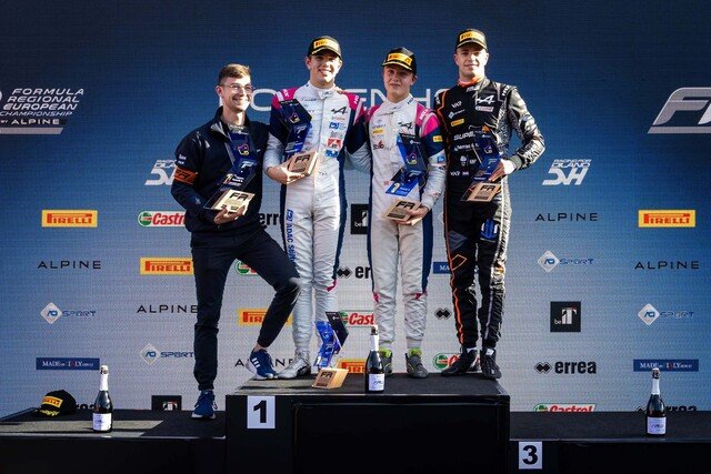Hockenheim (GER), OCT 20 - 22 2023 - Round 10 of Formula Regional European Championship by Alpine 2023 at the Hockenheim Ring. Podium race2: Martinius STENSHORNE #34, R-ace GP, Tim TRAMNITZ #77, R-ace GP and Kas HAVERKORT #27, VAR. © 2023 Sebastiaan Rozendaal / Dutch Photo Agency.