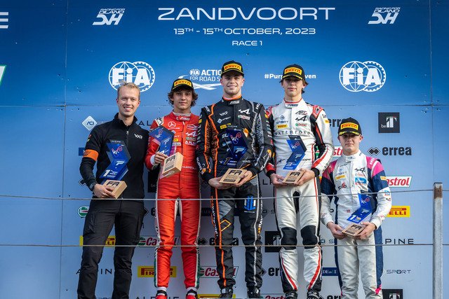 Zandvoort (ITA), OCT 12 - 15 2023 - Round 9 of Formula Regional European Championship by Alpine 2023 at Circuit Zandvoort. Podium race 1: Kas HAVERKORT #27, VAR, Andrea kimi ANTONELLI #12, Prema Racing, Laurens van HOEPEN #18, ART Grand Prix and Martinius STENSHORNE #34, R-ace GP. © 2023 Sebastiaan Rozendaal  / Dutch Photo Agency.